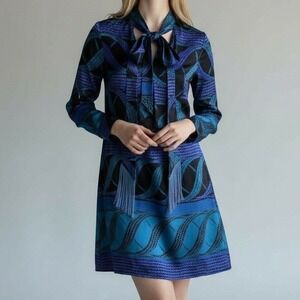 Hale Bob Dress Women XS Blue Silk Stretch Tie Neck Mini Geometric Pattern Preppy